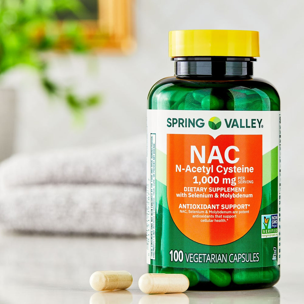 Supplement Facts Spring Valley NAC: N-Acetyl Cysteine 1000 mg, Selenium 50 mcg L-Selenomethionine, Molybdenum 100 mcg, serving 2 capsules