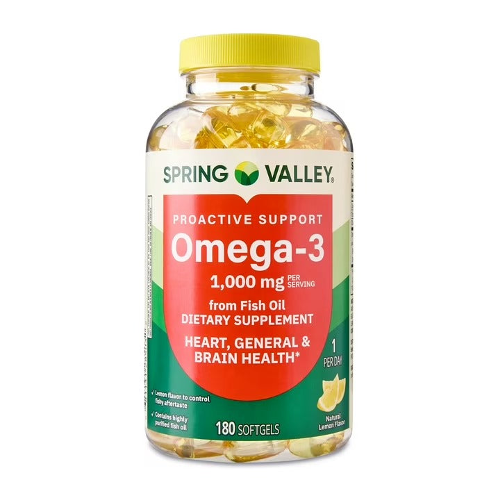 Spring Valley | Omega-3 Aceite de Pescado 1000 mg | 180 Softgels | Salud Cardiovascular y Cerebral
