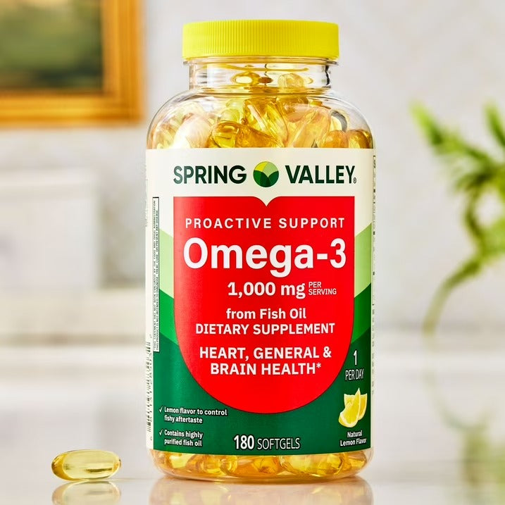 Spring Valley | Omega-3 Aceite de Pescado 1000 mg | 180 Softgels | Salud Cardiovascular y Cerebral