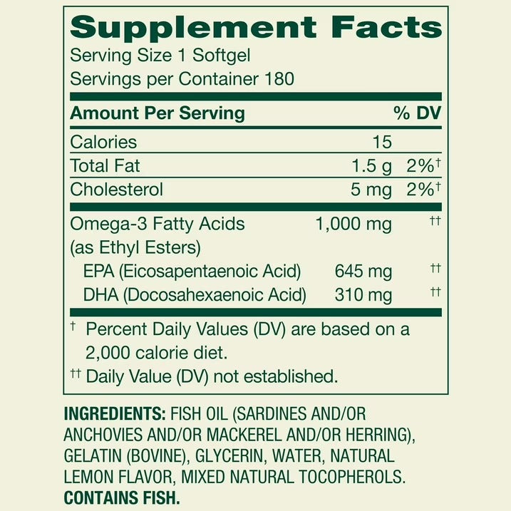 Spring Valley | Omega-3 Aceite de Pescado 1000 mg | 180 Softgels | Salud Cardiovascular y Cerebral