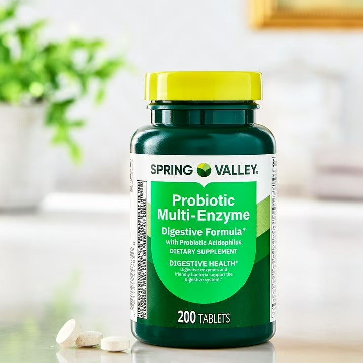 Spring Valley | Probióticos Multi Enzimas | 200 Tabletas | Salud Digestiva