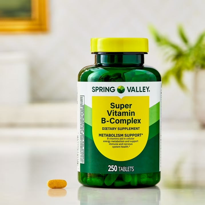 Supplement Facts Spring Valley Complejo B: Tiamina 100mg, Riboflavina 20mg, B12 15mcg, Folato 680mcg DFE, serving 1 tableta
