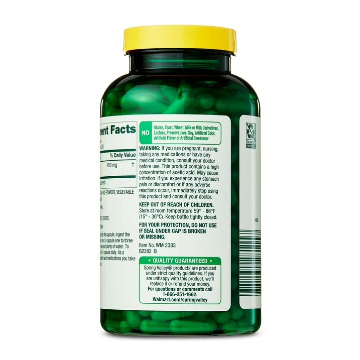 Spring Valley | Vinagre de Sidra de Manzana 450 mg | 250 Cápsulas | Control de Peso