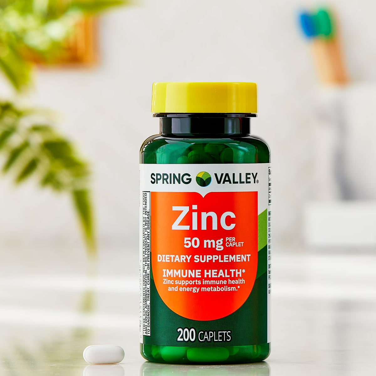 Supplement Facts Spring Valley Zinc: Zinc 50 mg 455% VD, serving size 1 caplet, zinc gluconate