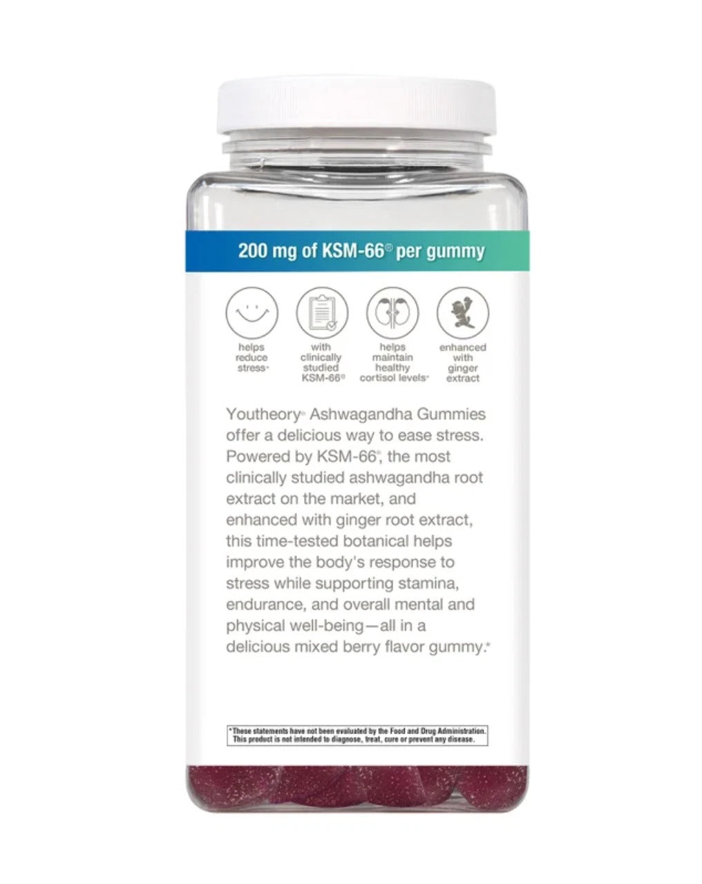 Youtheory | Ashwagandha 300 mg | 180 Gomitas Sabor Frutos Rojos | Estrés y Relajación
